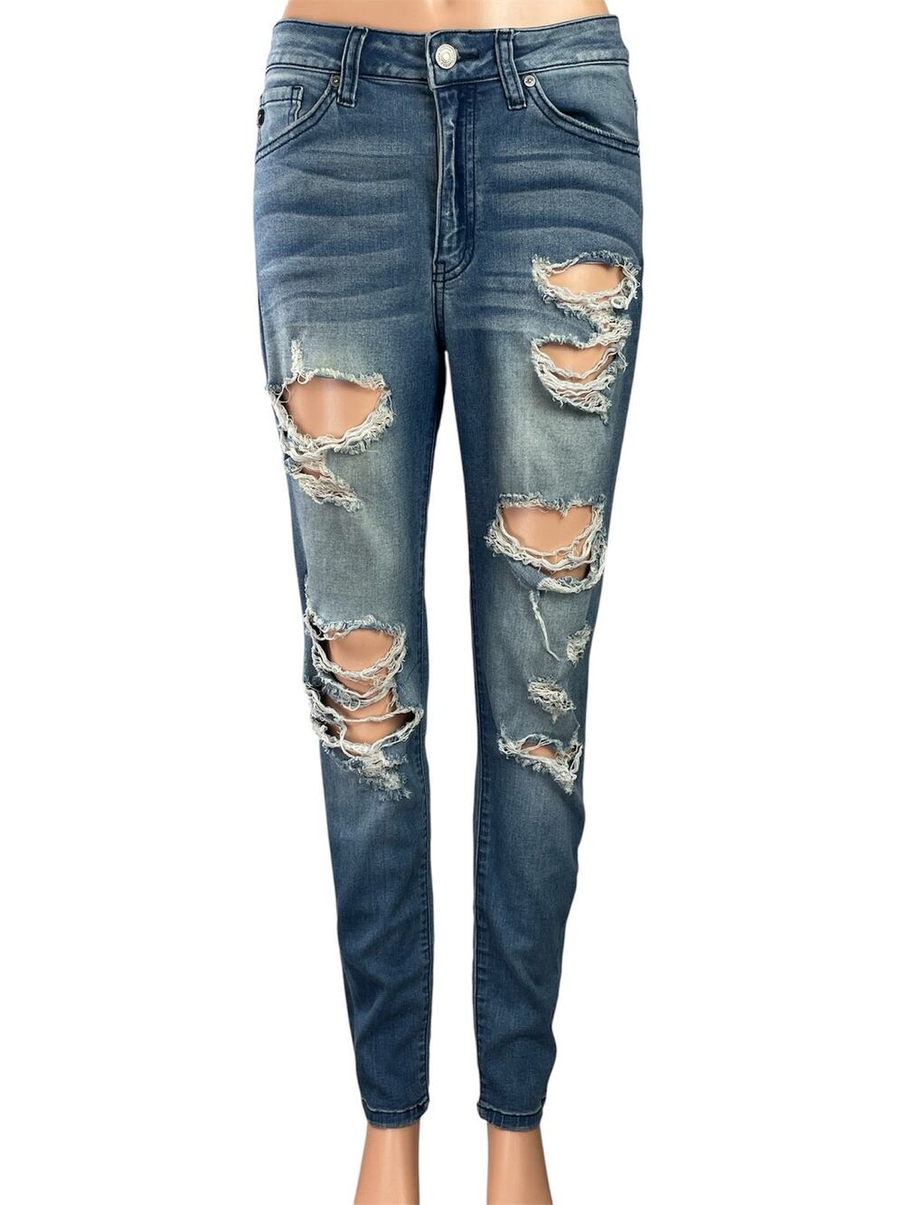 Kancan Women's Blue Distressed High Rise Medium Wash Skinny Denim Jeans Size 26